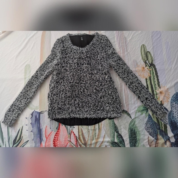 Lars Black & White Fuzzy Knit Sweater with Open Mesh Back & Buckles - Picture 6 of 7